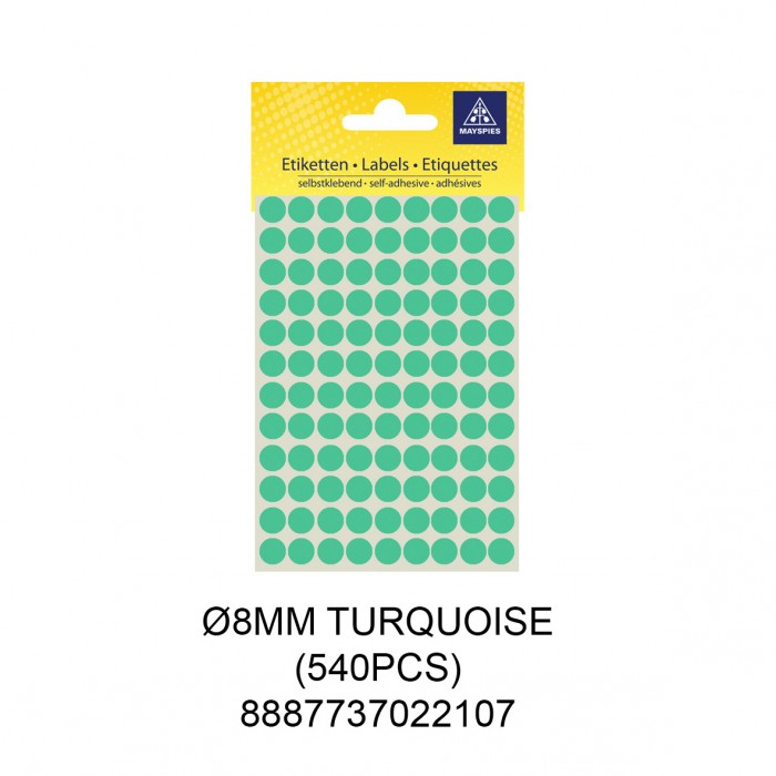 MAYSPIES MS008 COLOUR DOT LABEL / 5 SHEETS/PKT / 540PCS / ROUND 8MM TURQUOISE 